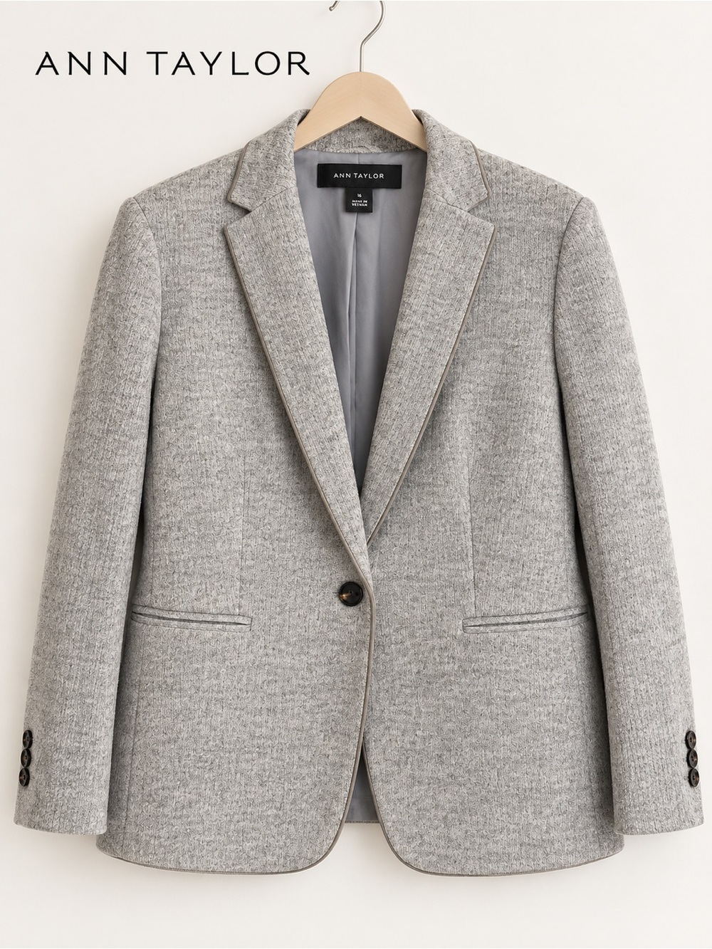 Ann Taylor Size 16 Gray Wool Blend Knit Blazer Jacket Career Workwear